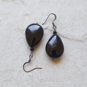 Heavy Black Agate Teardrop Statement Earrings Minimalist Grief Evening Wear Goth